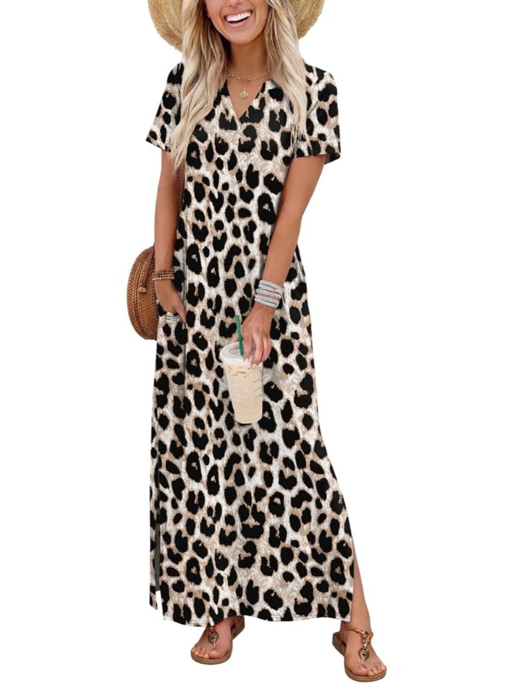 〽️Women's Leopard Summer Maxi Dress Short Sleeve V Neck Beach Vacation Sundress